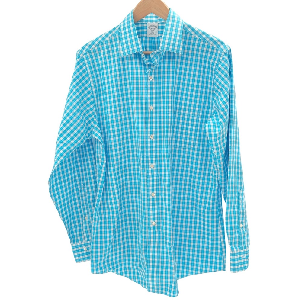 Brooks Brothers Button Up Shirt Slim Men 16 4/5 Blue White Check Long Sleeve